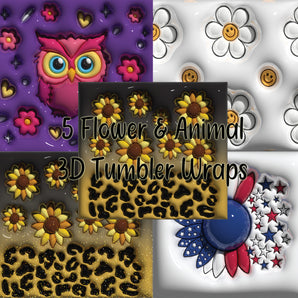 3D Tumbler Inflated Flower & Animal Designs - Tumbler Templates - Tumbler Wrap - DIGITAL DOWNLOAD - PNG Files