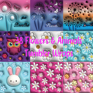 X38 3D Tumbler Inflated Flower & Animal Designs - Tumbler Templates - Tumbler Wrap - DIGITAL DOWNLOAD - PNG Files