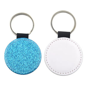 Blue Round Glitter PU Leather Keyring